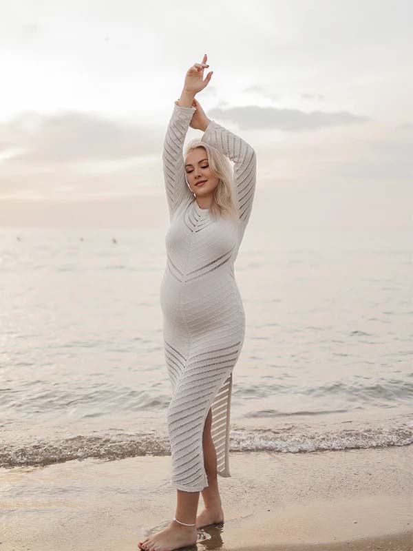 fotobeyou Grey White Striped Cut Out Sheer Bodycon Elegant Photoshoot Baby Shower Maternity Maxi Dress