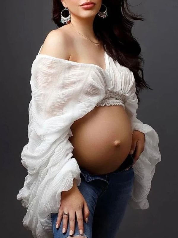 fotobeyou Belly Friendly Loose Puff Sleeve Props Accessories Sheer Photography Babyshower  Maternity Pleated Top