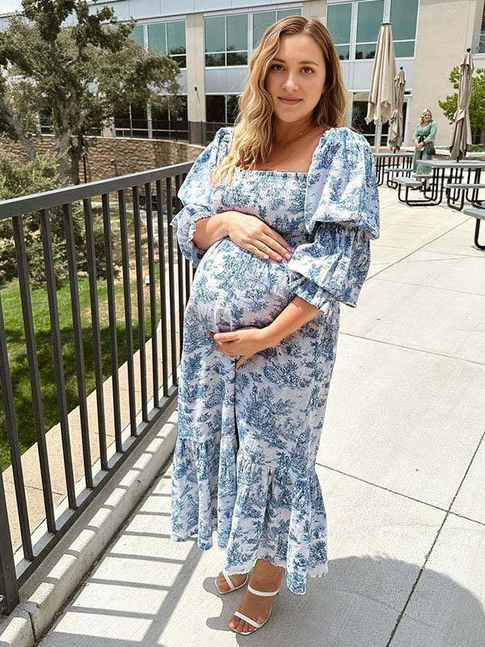 fotobeyou Ruffle Ruched High Waist Puff Sleeve Cute Photoshoot Maternity Maxi Dress