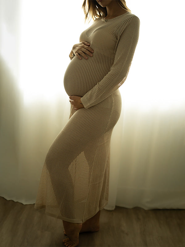 fotobeyou Beige Back Tie Knit Cut Out Flare Sleeve Elegant Photoshoot Baby Shower Maternity Maxi Dress