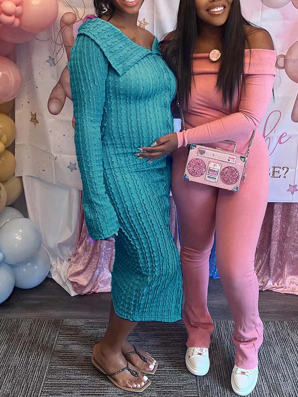 fotobeyou Off Shoulder Single Breasted Mesh Wavy Ruffle Front Slit Bodycon Elegant Going Out Maternity Baby Shower Maxi Dress