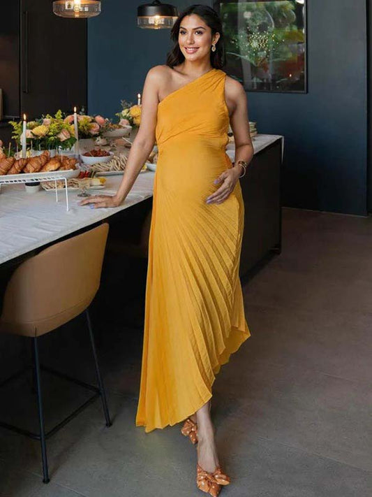 fotobeyou Yellow Pleated Cut Out One Shoulder Big Swing Plus Size Elegant Maternity Photoshoot Baby Shower Maxi Dress