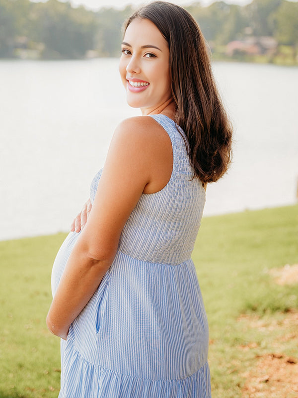 Fotobeyou Sky Blue Oblique Shoulder Smocked Striped Maternity Photoshoot Maxi Dress