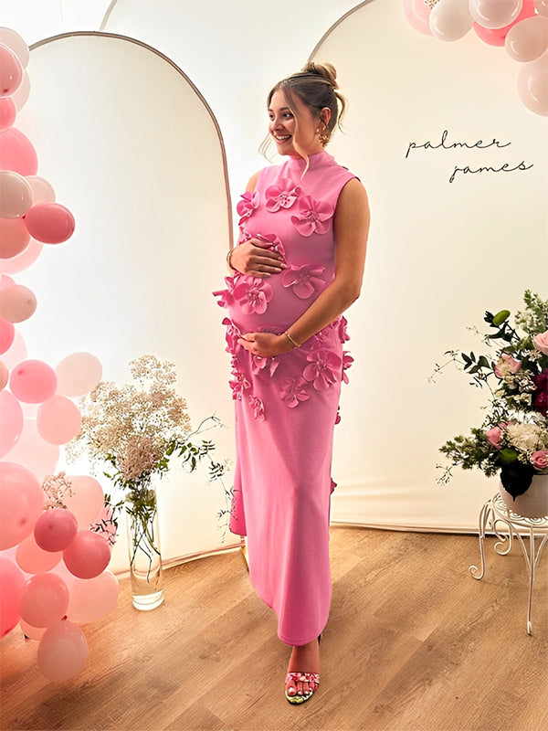 fotobeyou 3D Flowers Band Neck Back Bow Photoshoot Baby Shower Maternity Maxi Dress