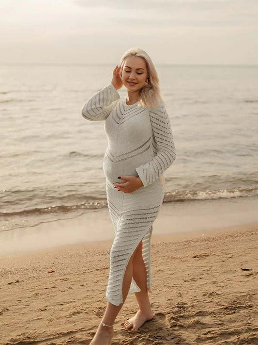 fotobeyou Grey White Striped Cut Out Sheer Bodycon Elegant Photoshoot Baby Shower Maternity Maxi Dress