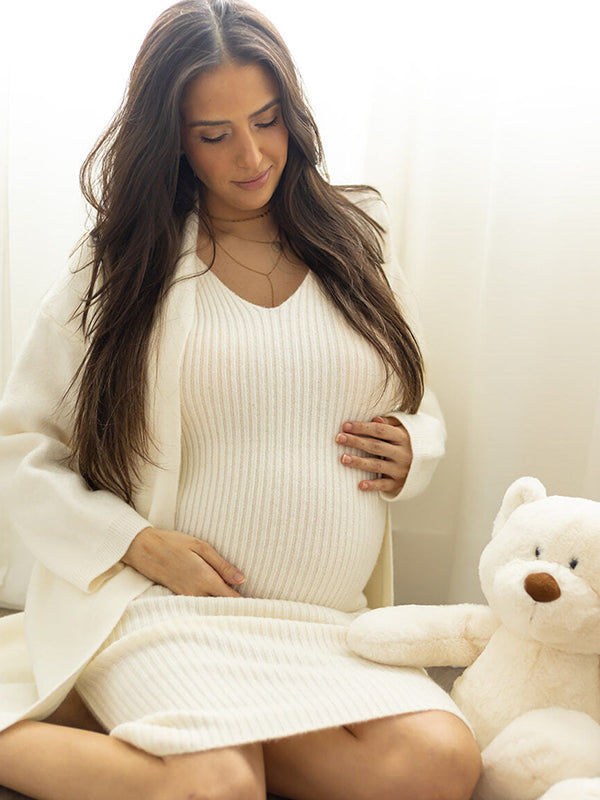 fotobeyou White Knitting  V-Neck Bodycon Two Pieces Cardigan Elegant Baby Shower Maternity Maxi Sweater Dress