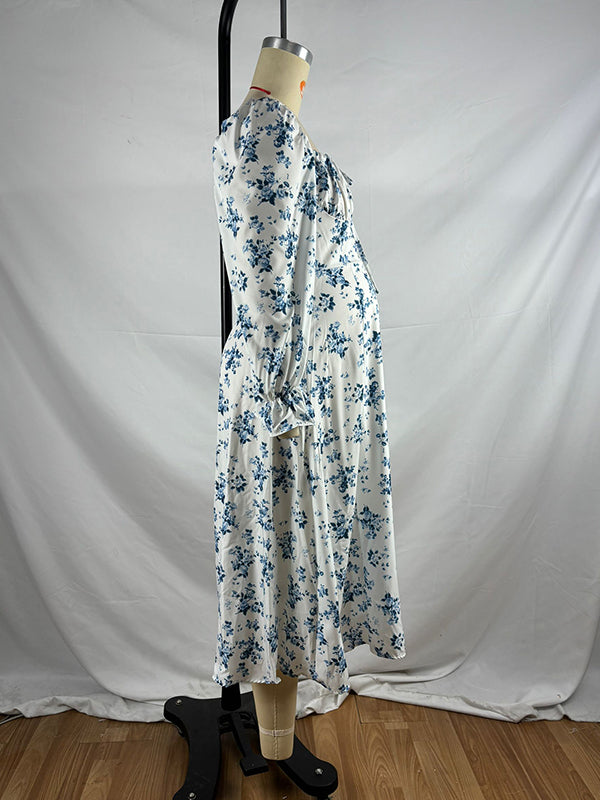 fotobeyou White And Blue Flowers Side Slit Cross Lace Up Lantern Sleeve Gendeer Reveal Baby Boy Shower Maternity Maxi Dress