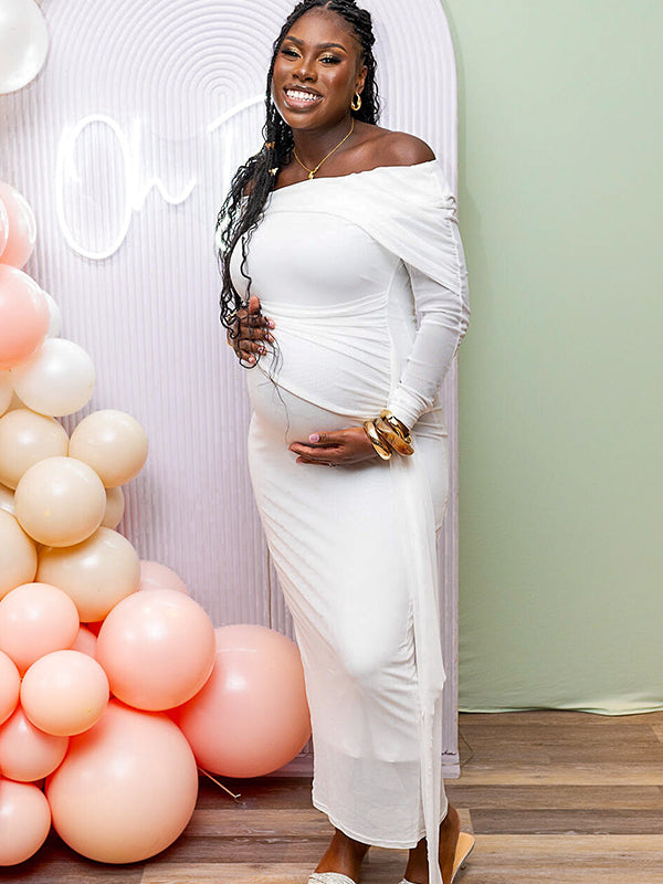 fotobeyou White Mesh Irregular Ruched Draped Off Shoulder Bodycon Elegant Cocktail Party Gown Maternity Photoshoot Baby Shower Maxi Dress