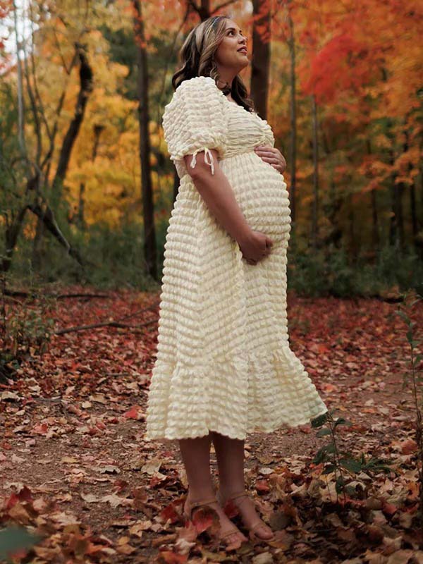 fotobeyou Bubble Texture Sweetheart Neckline Ruched Bodice A-line Puff Sleeve Elegant Going Out Maternity Photoshoot Maxi Dress