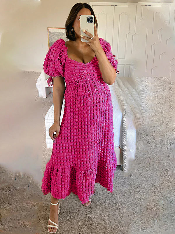fotobeyou Bubble Texture Sweetheart Neckline Ruched Bodice A-line Puff Sleeve Elegant Going Out Maternity Photoshoot Maxi Dress