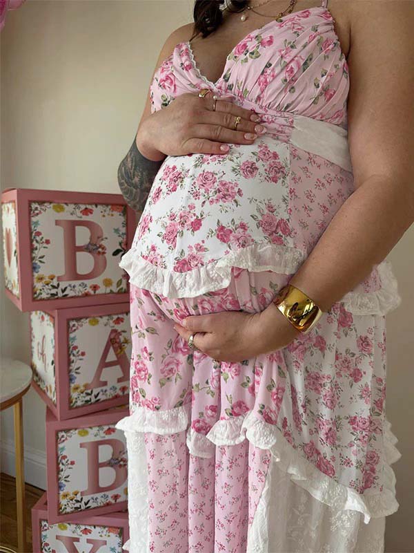 Pink Lace Floral Ruffle Baby Girl Shower Maternity Maxi Dress