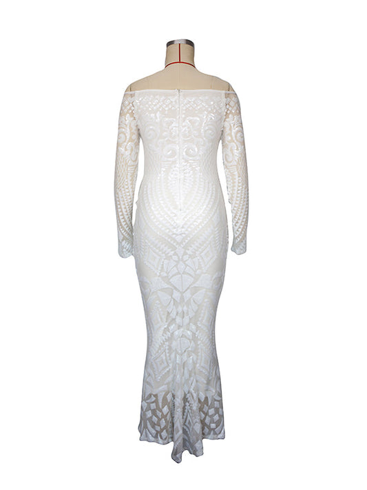 fotobeyou White Lace Sequin Off Shoulder Mermaid Bodycon Wedding Gown Baby Shower Elegant Foamal Maternity Photoshoot Maxi Dress