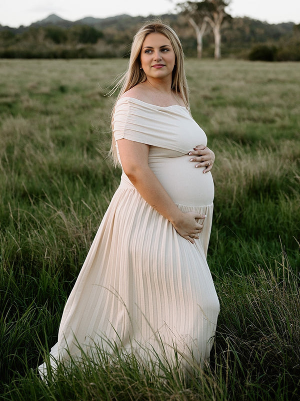 Apricot  Ruched Pleated Maternity Photoshoot Plus Size Maxi Dress
