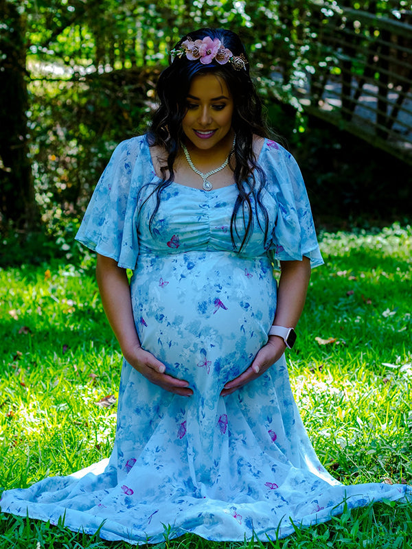 Fotobeyou Ruched Flutter Sleeve Print Maternity Photoshoot Maxi Dress