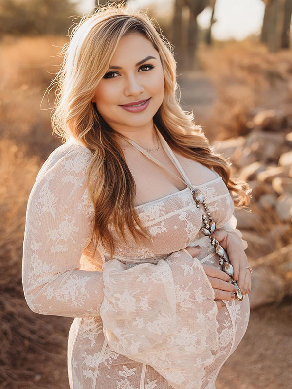 fotobeyou White Lace Corset Square Neck Flare Sleeve Plus Size Maternity Photoshoot  Maxi Dress