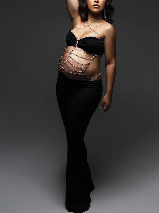 fotobeyou Black Cut Out Chain Halter Neck Bodycon Photoshoot Elegant Maternity Maxi Dress