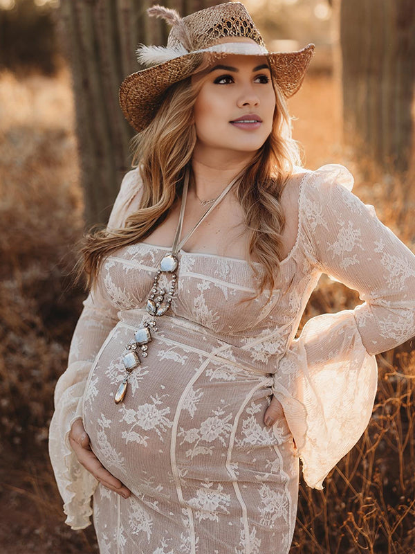 fotobeyou White Lace Corset Square Neck Flare Sleeve Plus Size Maternity Photoshoot  Maxi Dress