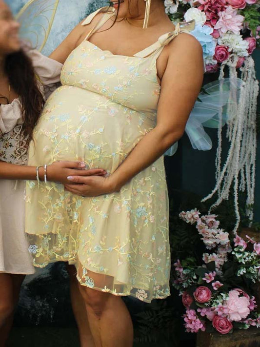 fotobeyou Apricot lace-up Embroidery Stamp Duty Maternity Baby Shower Mini Dress