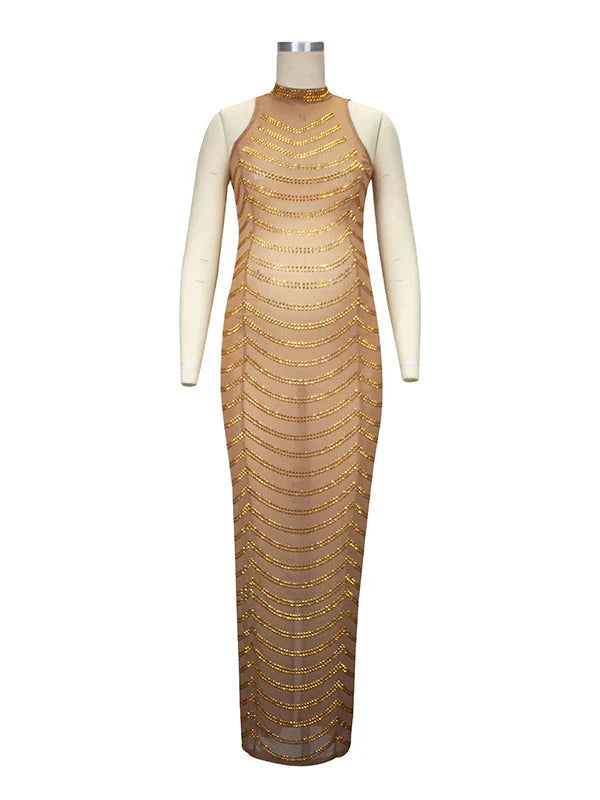 fotobeyou Gold Rhinestone Mesh Sheer Backless Plus Photoshoot Maternity Maxi Dress