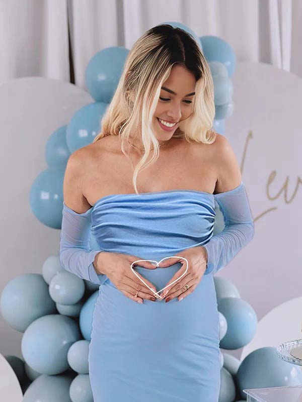 fotobeyou Blue Mesh Off Shoulder Ruched Elegant Maternity Baby Shower Maxi Dress