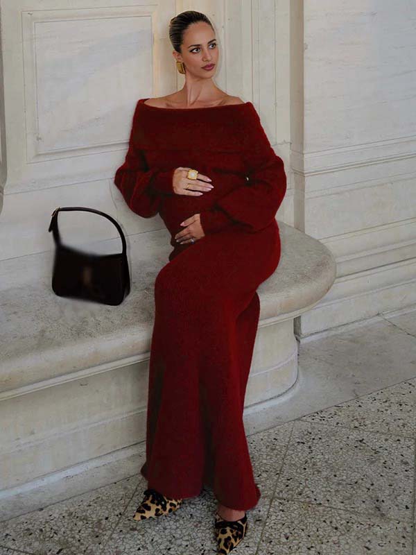 fotobeyou Off Shoulder Bodycon Two Piece Crochet Going Out Fashion Maternity Photoshoot Sweater Maxi Dress