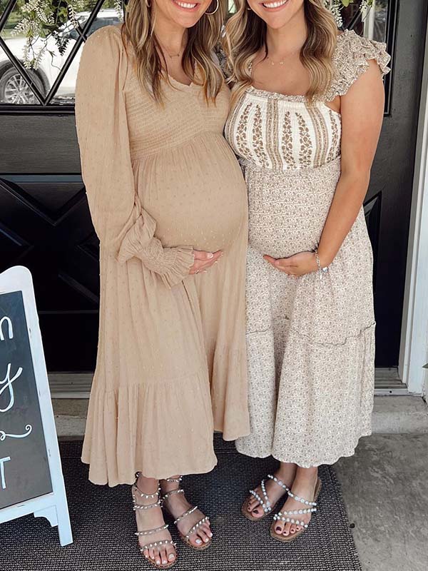 fotobeyou Apricot Smocked Flouncy V neck Daily Going out Baby Shower Maternity Photoshoot Midi Dress