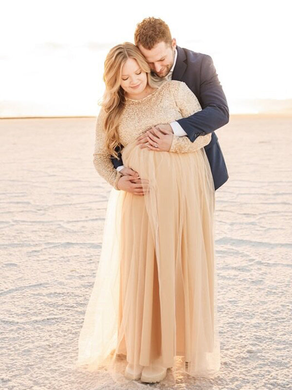 fotobeyou Sequin Tulle Splicing Long Sleeve Party Gown Photoshoot Maternity Baby Shower Maxi Dress
