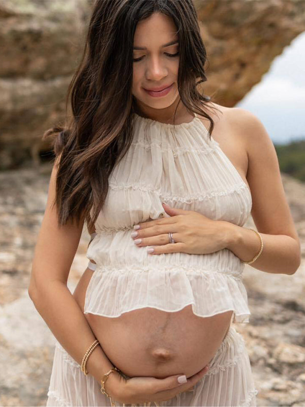 fotobeyou Beige 2 Piece Smocked Ruffle Backless Flowy Elegant Vacation Beach Photoshoot Maternity Maxi Dress