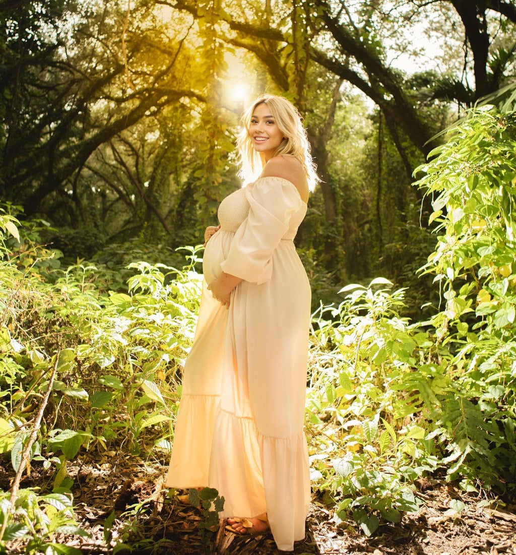fotobeyou Ruffle High Waist Falbala Boho Flowy Long Sleeve Plus Size Baby Shower Maternity Photoshoot Midi Dress