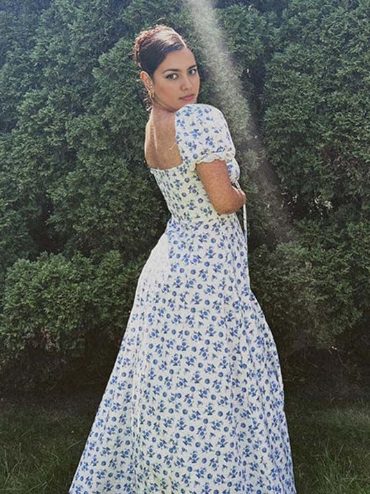 fotobeyou White And Blue Print Flowers Front Slit Puff Sleeve Drawstring Elegant Maternity Baby Shower Maxi Dress