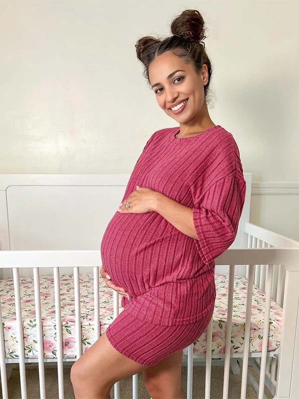 fotobeyou Rose Carmine Thread Knit Solid Color Daily Casual Baby Shower Maternity Short Jumpsuit Outfit