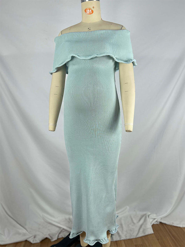 fotobeyou Light Blue Knit Off Shoulder Wire Ripple Hem Bodycon Elegant Cocktail Party Maternity Baby Shower Midi Dress