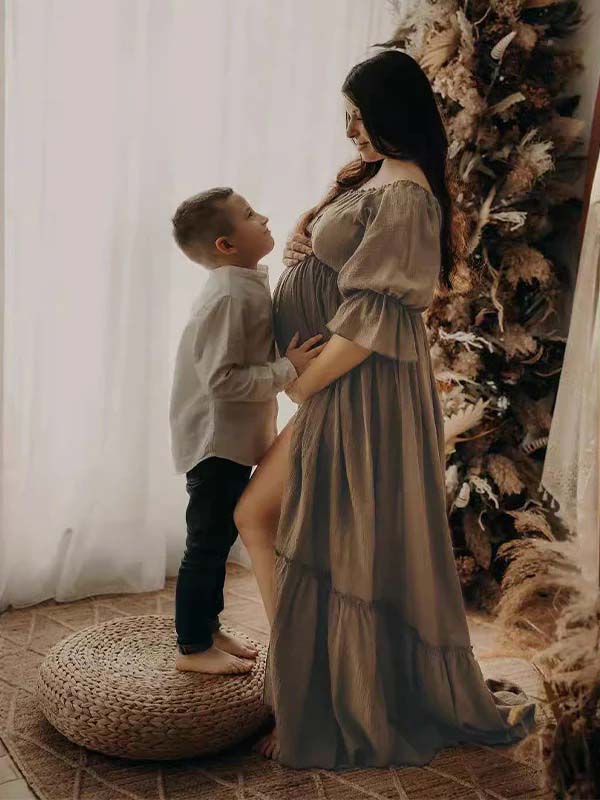 fotobeyou Off Shoulder Buttons Front Slit Open Train Elegant Photoshoot  Maternity Maxi Dress