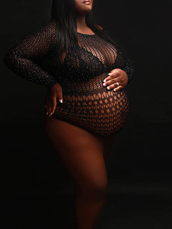 fotobeyou Black Rhinestone Fishnet Knitting Sheer Cut Out Photoshoot Short Jumpsuit Maternity Bodysuit