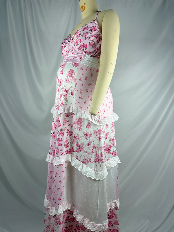 Pink Lace Floral Ruffle Baby Girl Shower Maternity Maxi Dress