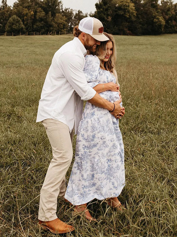 fotobeyou Ruffle Ruched High Waist Puff Sleeve Cute Photoshoot Maternity Maxi Dress