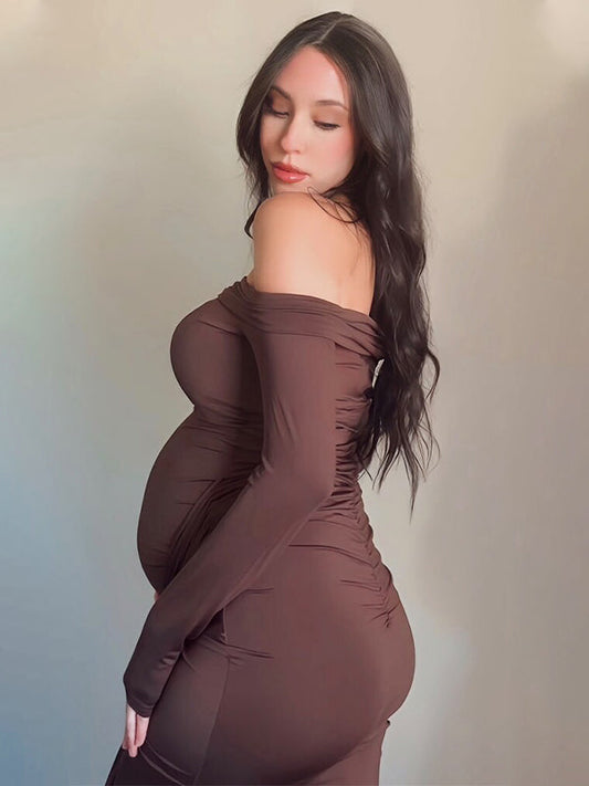 fotobeyou Off Shoulder Draped Ruched Metal Buckle Bodycon Elegant Maternity Photoshoot Maxi Dress