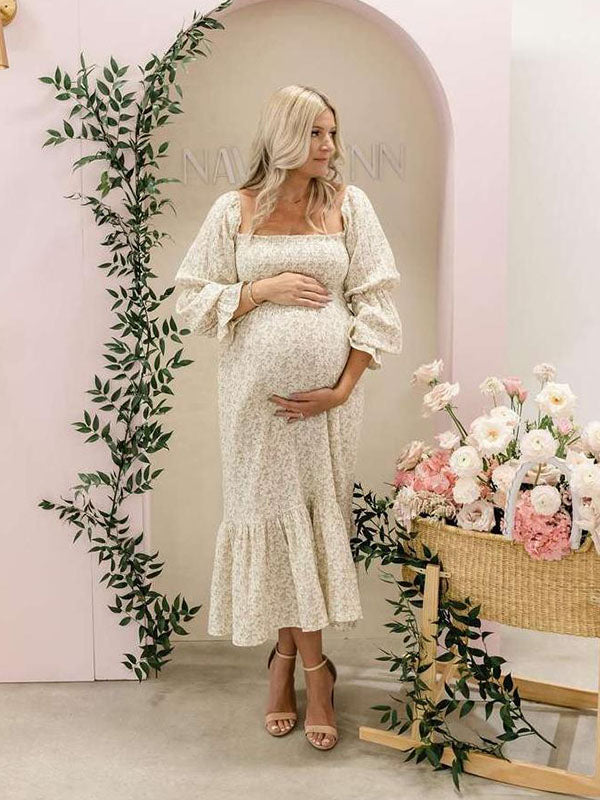 fotobeyou Ruffle Ruched High Waist Puff Sleeve Cute Gender Reveal Maternity Maxi Dress