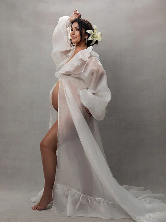 fotobeyou White Ruffle Open Slit Lantern Sleeve Elegant Photoshoot Maternity Maxi Dress