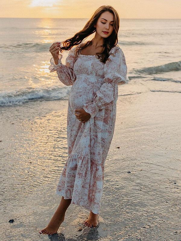 fotobeyou Ruffle Ruched High Waist Puff Sleeve Cute Gender Reveal Maternity Maxi Dress