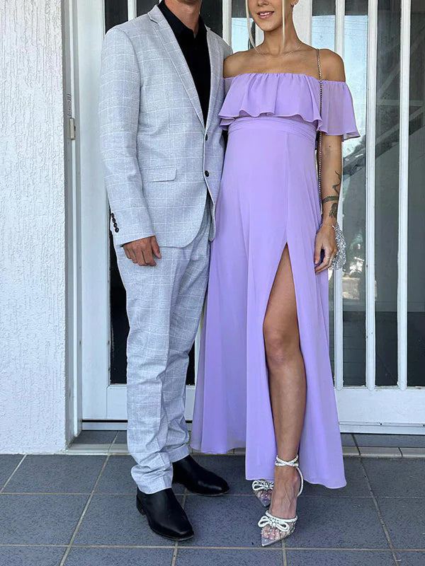 fotobeyou Flowy Chiffon Off Shoulder Ruffle Falbala Side Slit Big Swing Elegant Evening Gown Maternity Photoshoot Baby Shower Maxi Dress
