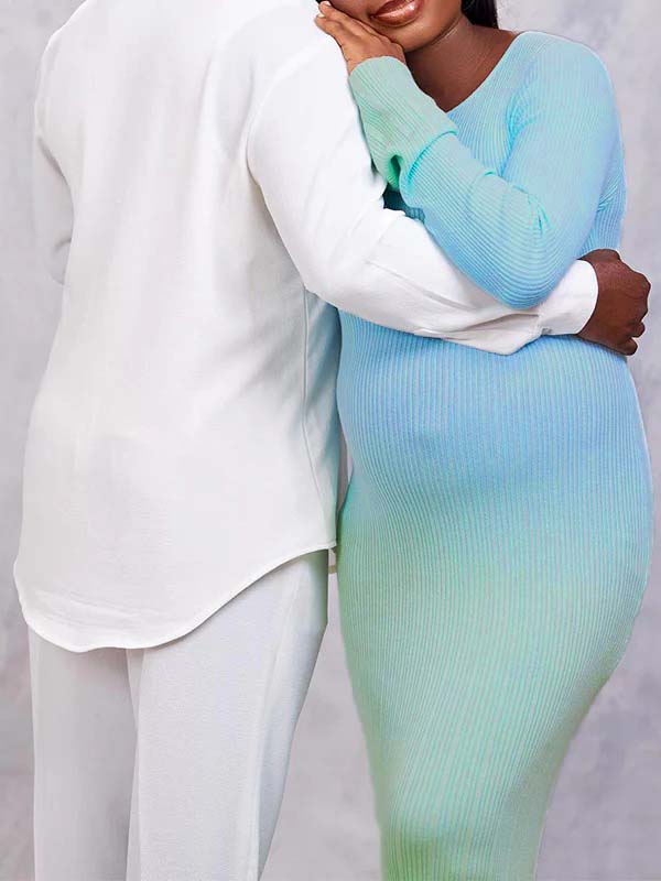 fotobeyou Light Blue Hit Color Flare Sleeve Mermaid Elegant Photoshoot Baby Shower Maternity Maxi Sweater Dress