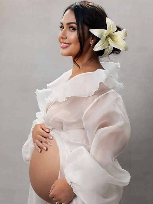 fotobeyou White Ruffle Open Slit Lantern Sleeve Elegant Photoshoot Maternity Maxi Dress