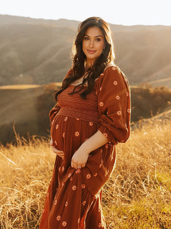 fotobeyou Sun Flowers Square Smocked Neck Puff Sleeve Big Swing Flowy Baby Shower Photoshoot Maternity Maxi Dress