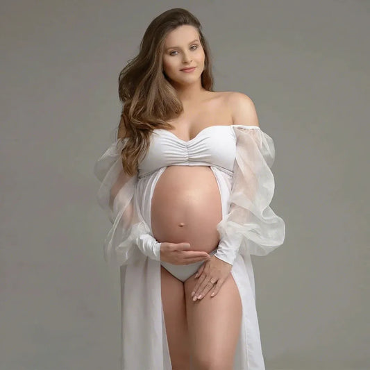 Maternity Dress Transparent White Chiffontulle Off Shoulder