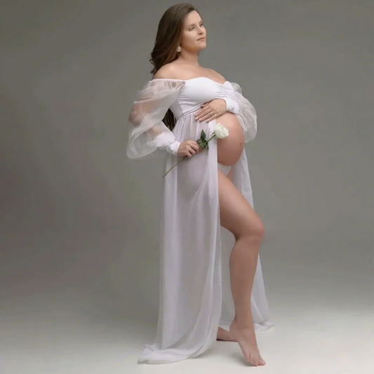 Maternity Dress Transparent White Chiffontulle Off Shoulder