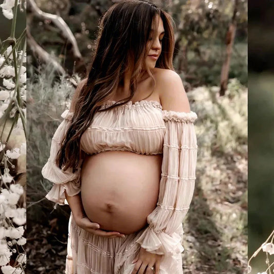 Maternity Pleated Chiffon Long Sleeve Off Shoulder Four Piece Boho Style Dress