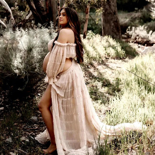 Maternity Pleated Chiffon Long Sleeve Off Shoulder Four Piece Boho Style Dress