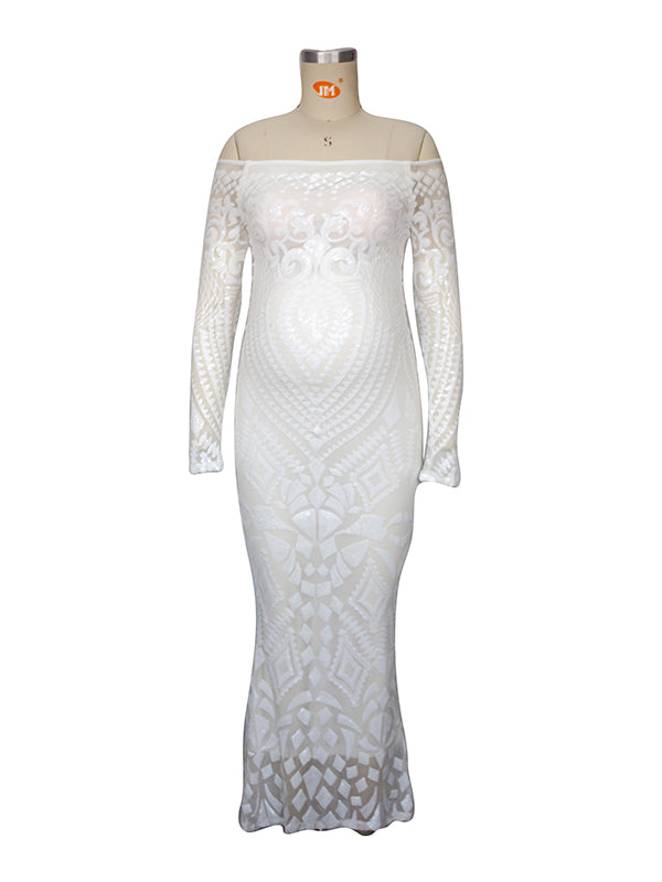 fotobeyou White Lace Sequin Off Shoulder Mermaid Bodycon Wedding Gown Baby Shower Elegant Foamal Maternity Photoshoot Maxi Dress