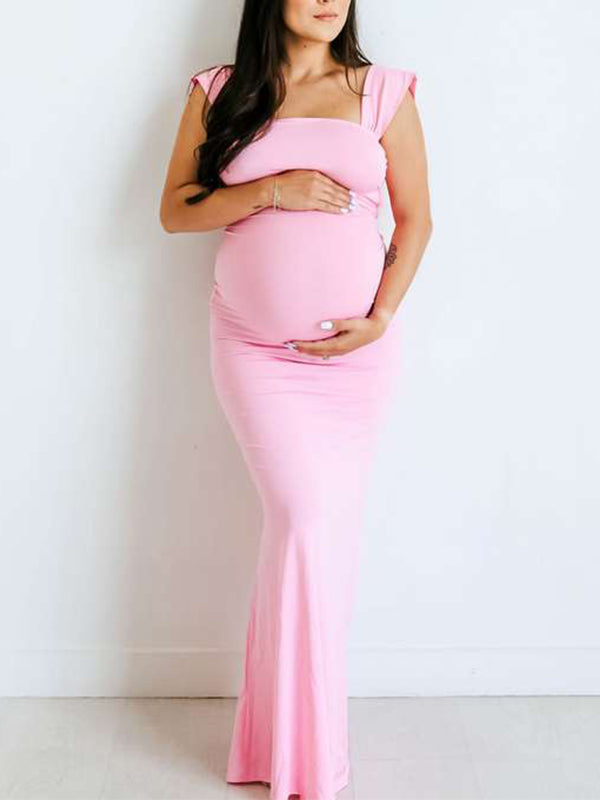 fotobeyou Pink Spaghetti Strap Backless Tie Back Bandage Mermaid Bodycon Elegant Baby Shower Maternity Maxi Dress